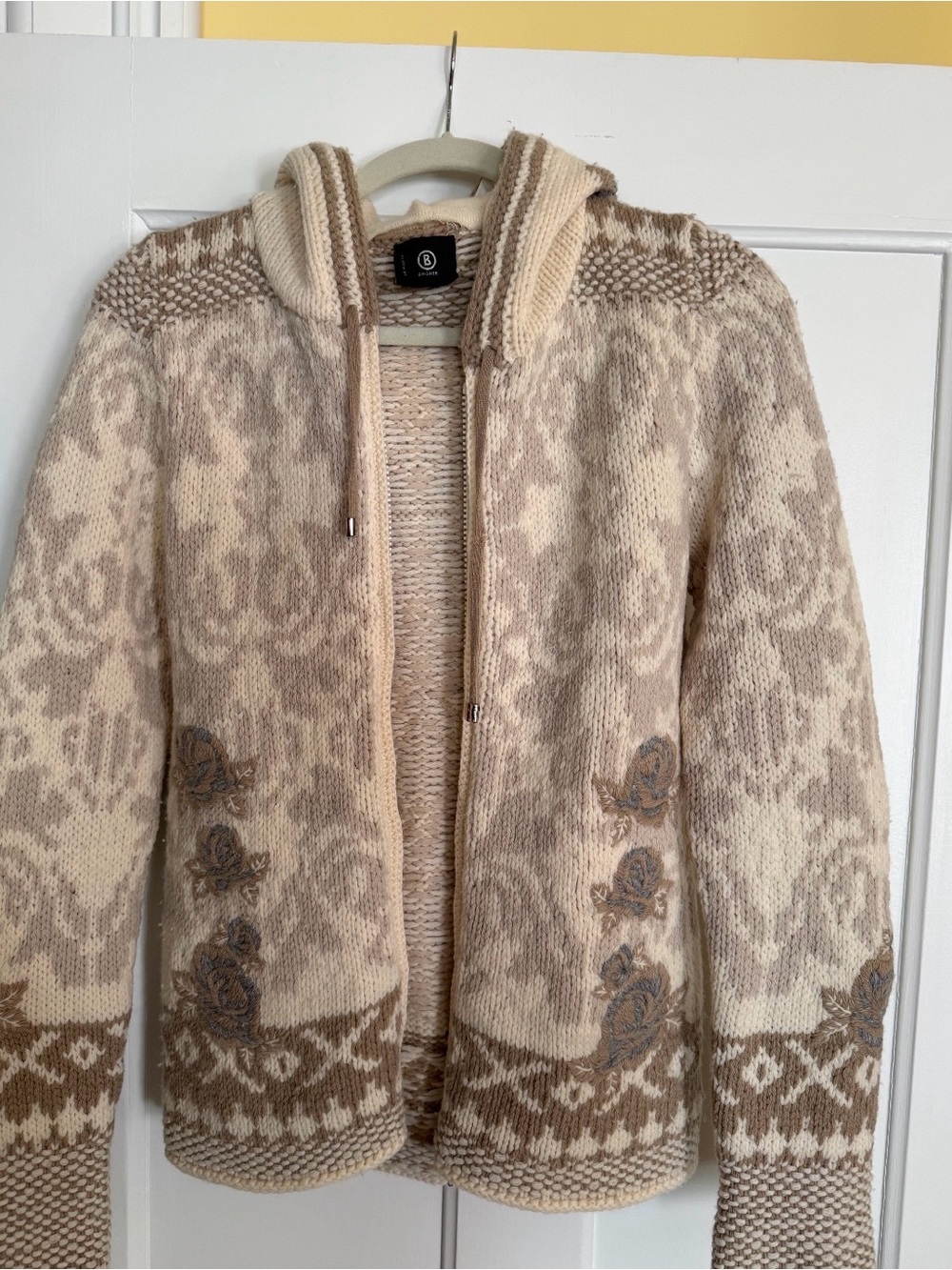 Bogner Hooded Zip Cardigan in Cream and Brown Floral Knit